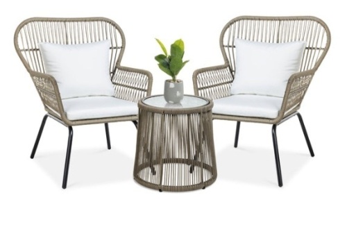 3-Piece Patio Wicker Conversation Bistro Set w/ 2 Chairs, Glass Top Table, Tan - Lot 313