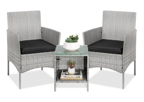 3-Piece Outdoor Patio Wicker Bistro Set w/ Side Storage Table, Gray/Black - Lot 314