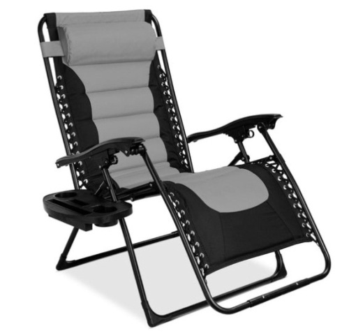 Oversized Padded Zero Gravity Chair, Folding Recliner w/ Headrest, Side Tray, Gray/Black - Lot 322