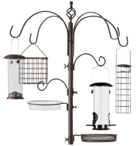 Bird Feeding Station, 6-Hook Steel Multi-Feeder Stand w/ 4 Feeders - 89in, Bronze - Lot 323
