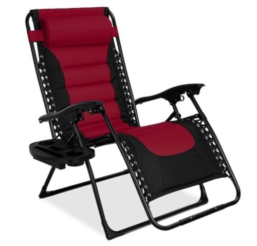 Oversized Padded Zero Gravity Chair, Folding Recliner w/ Headrest, Side Tray, Burgundy - Lot 324