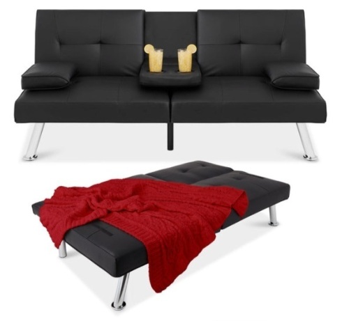 Faux Leather Upholstered Convertible Sofa Bed Futon w/ 2 Cupholders, Black - Lot 326