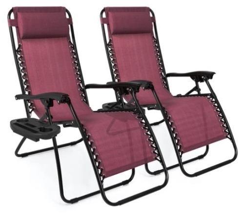 Set of 2 Adjustable Zero Gravity Patio Chair Recliners w/ Cup Holders, Burgundy - Lot 246
