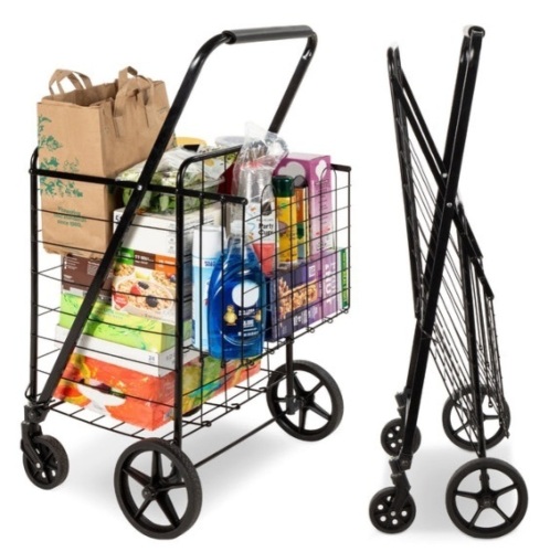 Folding Steel Grocery Cart w/ Double Basket, Swivel Wheels, 220lb Cap - Lot 248