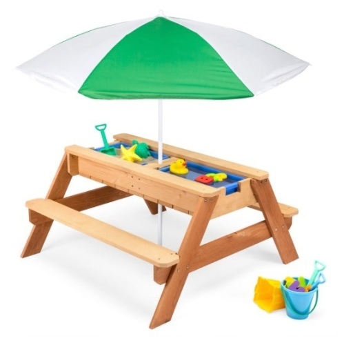 3-in-1 Kids Sand & Water Table Outdoor Wood Picnic Table w/ Umbrella, Green - Lot 250