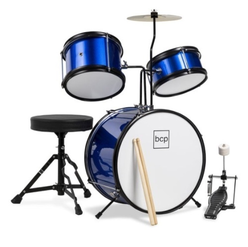 Kids Beginner 3-Piece Drum, Musical Instrument Set w/ Sticks, Stool, Pedal, Blue - Lot 255