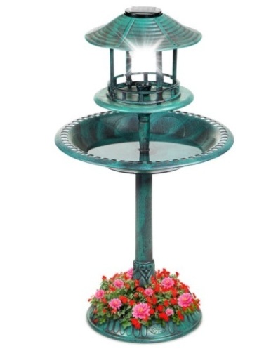 Solar Lighted Outdoor Pedestal Bird Bath w/ Planter, Decorative Bird Cage, Green - Lot 259