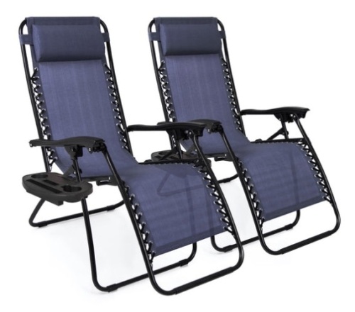 Set of 2 Adjustable Zero Gravity Patio Chair Recliners w/ Cup Holders, Blue - Lot 260