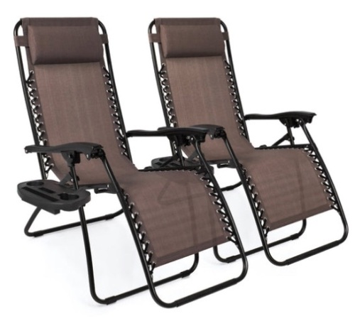 Set of 2 Adjustable Zero Gravity Patio Chair Recliners w/ Cup Holders, Brown - Lot 261