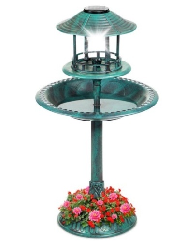 Solar Lighted Outdoor Pedestal Bird Bath w/ Planter, Decorative Bird Cage, Green - Lot 266