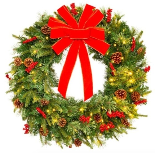 Pre-Lit Battery Powered Christmas Wreath w/ Lights, PVC Tips, Ribbon, 24 In. - Lot 274