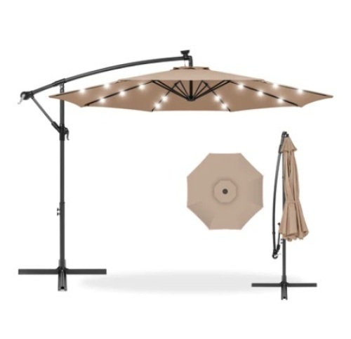 Solar LED Offset Hanging Patio Umbrella, 10ft, Tan - Lot 584