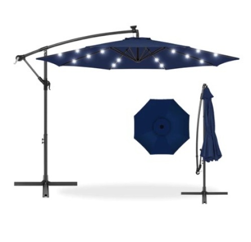 Solar LED Offset Hanging Patio Umbrella, 10ft, Navy - Lot 585
