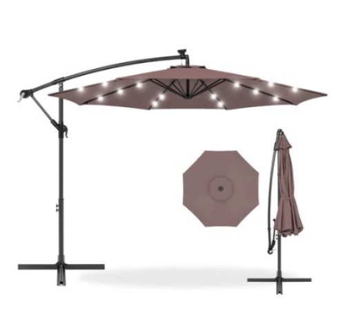 Solar LED Offset Hanging Patio Umbrella, 10ft, Deep Taupe - Lot 583