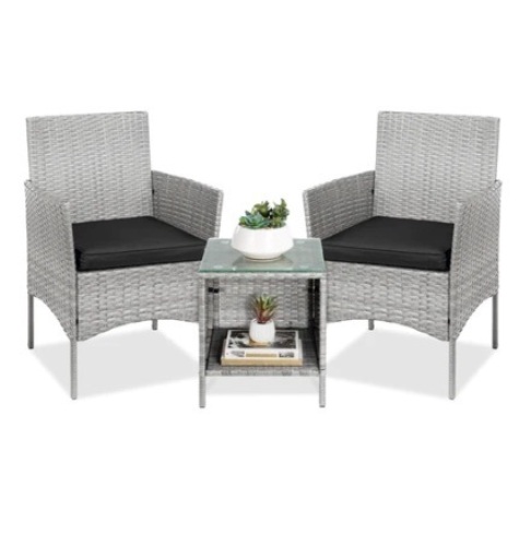 3-Piece Outdoor Patio Wicker Bistro Set, Gray/Black - Lot 550