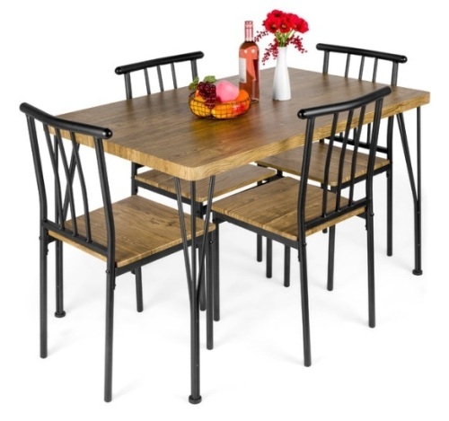5-Piece Modern Metal and Wood Dining Table Furniture Set w/ 4 Chairs, Brown - Lot 333