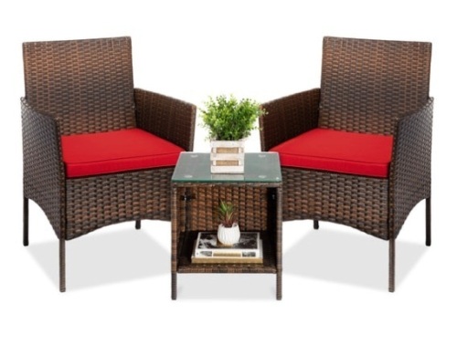 3-Piece Outdoor Patio Wicker Bistro Set w/ Side Storage Table, Brown/Red - Lot 338