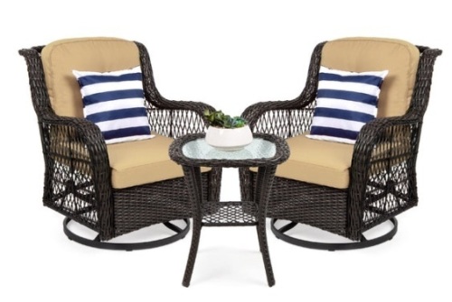 3-Piece Patio Wicker Bistro Furniture Set w/ 2 Swivel Rocking Chairs, Table, Beige - Lot 339