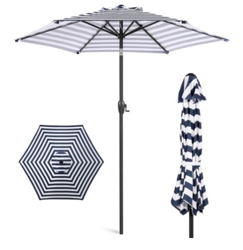 Outdoor Market Patio Umbrella w/ Push Button Tilt, Crank Lift - 7.5ft, Navy Stripe - Lot 342
