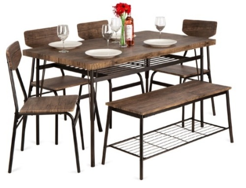 6-Piece Modern Dining Set w/ Storage Racks, Table, Bench, 4 Chairs - 55in - Lot 196