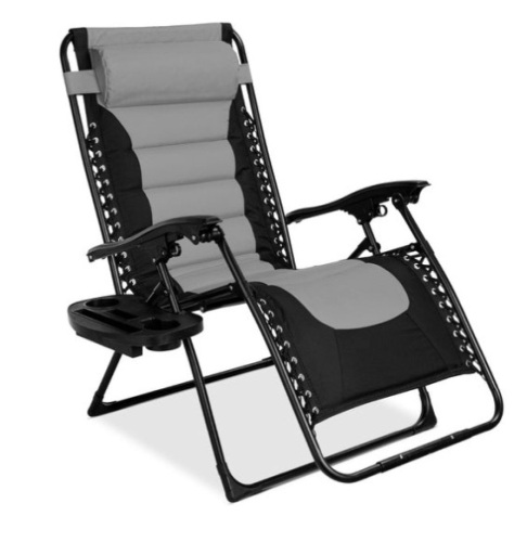 Oversized Padded Zero Gravity Chair, Folding Recliner w/ Headrest, Side Tray, Gray/Black - Lot 352