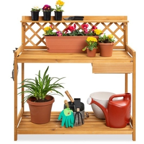 Wooden Garden Potting Bench Workstation w/ Cabinet Drawer, Open Shelf - Lot 353