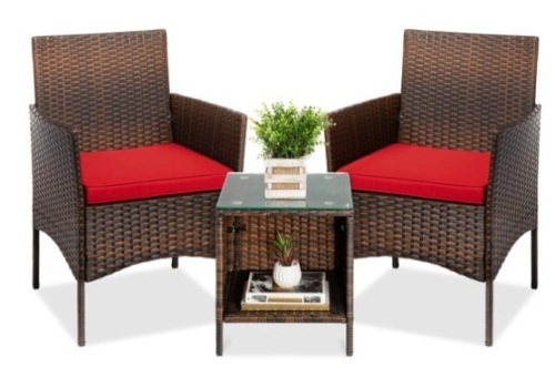 3-Piece Outdoor Patio Wicker Bistro Set w/ Side Storage Table, Brown/Red - Lot 359