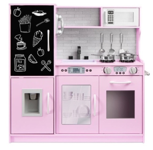 Pretend Play Kitchen Wooden Toy Set for Kids with 11 Accessories, Pink - Lot 360