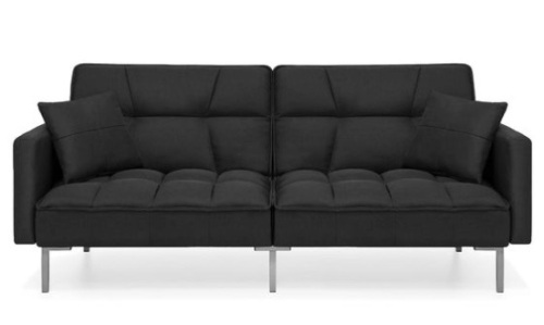 Convertible Linen Tufted Futon w/ 2 Plush Pillows, Split-Back Design, Black - Lot 367