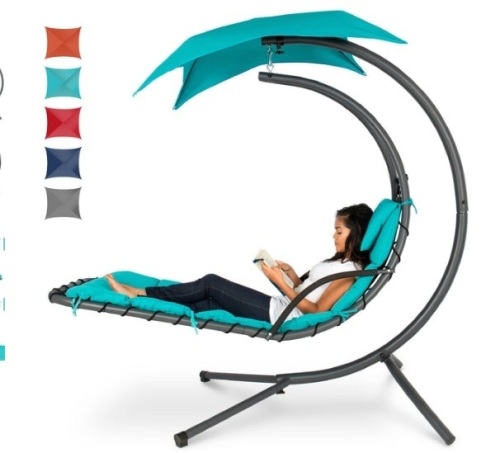 Hanging Curved Chaise Lounge Chair w/ Built-In Pillow, Removable Canopy, Blue - Lot 364