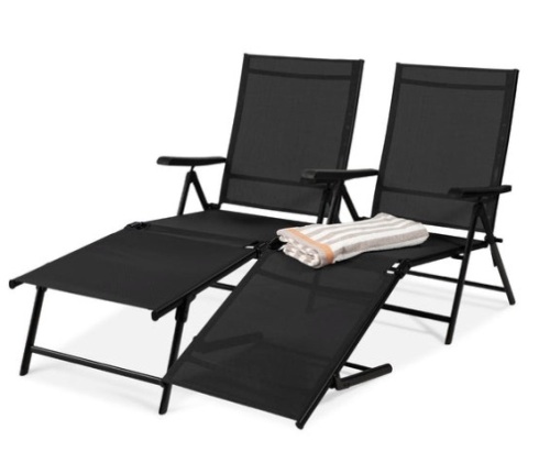 Set of 2 Outdoor Patio Chaise Recliner Lounge Chairs w/ Rust-Resistant Frame, Black - Lot 373