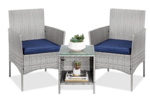3-Piece Outdoor Patio Wicker Bistro Set w/ Side Storage Table, Gray/Navy - Lot 376