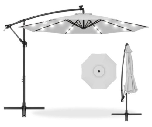 Solar LED Offset Hanging Patio Umbrella w/ Crank Tilt Adjustment - 10ft, Fog Gray - Lot 377