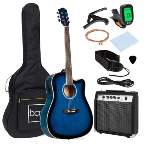 Beginner Acoustic Electric Cutaway Guitar Set w/ Case, Strap - 41in, Blue - Lot 380