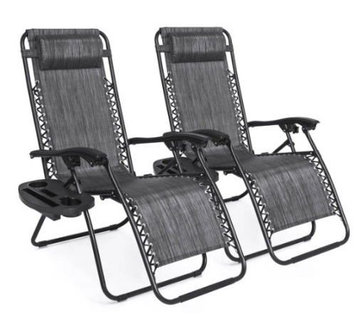 Set of 2 Adjustable Zero Gravity Patio Chair Recliners w/ Cup Holders, Gray - Lot 382