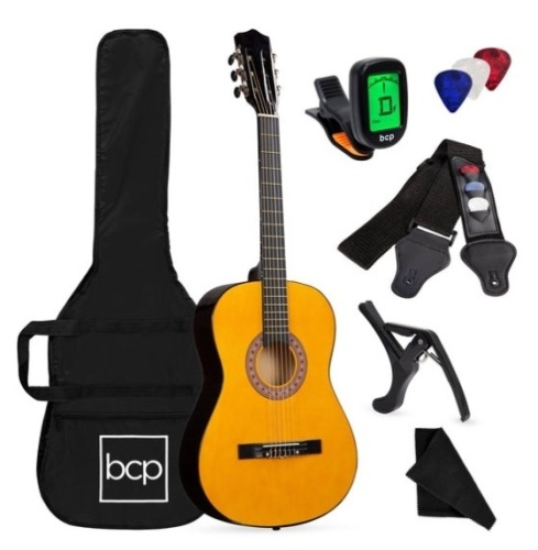 Beginner Acoustic Guitar Set w/ Case, Strap, Digital Tuner, Strings - 38in, Natural - Lot 385
