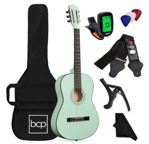 Beginner Acoustic Guitar Set w/ Case, Strap, Digital Tuner, Strings - 38in, SoCal Green - Lot 386