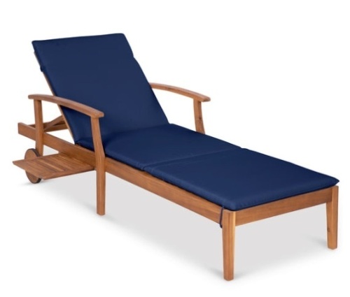 Adjustable Acacia Wood Chaise Lounge Chair w/ Side Table, Wheels - 79x26in, Navy Blue - Lot 390