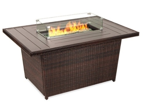 Wicker Propane Fire Pit Table, 50,000 BTU w/ Glass Wind Guard, Cover - 52in, Brown - Lot 399
