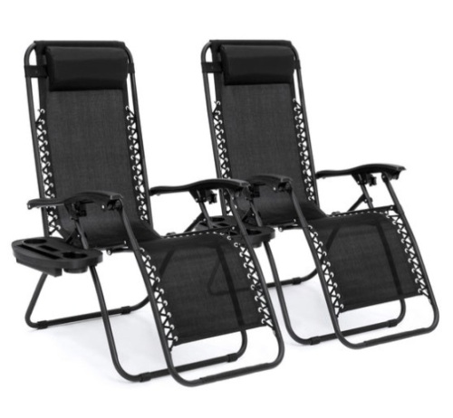 Set of 2 Adjustable Zero Gravity Patio Chair Recliners w/ Cup Holders, Black - Lot 408
