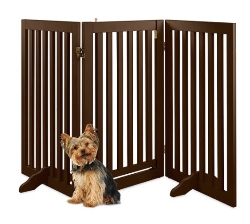 31.5in 3-Panel Freestanding Wooden Pet Gate w/ Door, Support Feet, Espresso - Lot 413