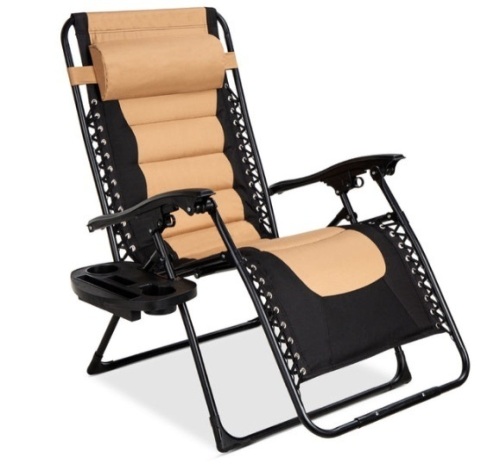 Oversized Padded Zero Gravity Chair, Folding Recliner w/ Headrest, Side Tray, Tan/Black - Lot 415