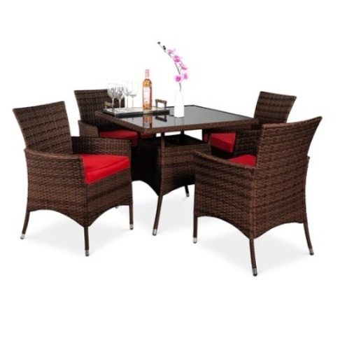 5-Piece Wicker Patio Dining Table Set, Brown/Red - Lot 671