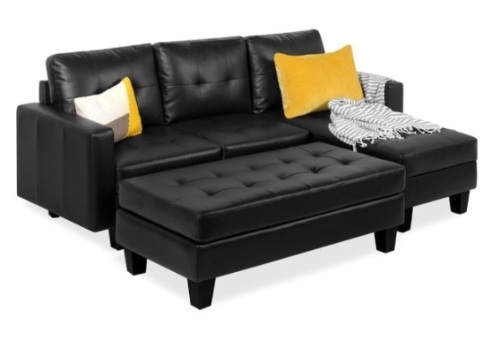 L-Shape Customizable Faux Leather Sofa Set w/ Ottoman Bench, Black - Lot 418