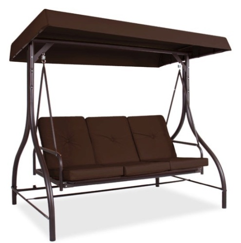 3-Seat Outdoor Canopy Swing Glider Furniture w/ Converting Flatbed Backrest, Brown - Lot 420