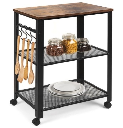 3-Tier Microwave Cart Rolling Utility Serving Cart w/ 2 Shelves, 4 Hooks - Lot 443
