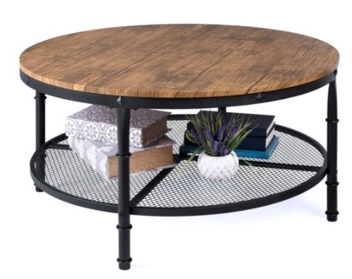 2-Tier Round Industrial Wood & Steel Coffee Table, Storage Shelves - 35.5in, Brown - Lot 444
