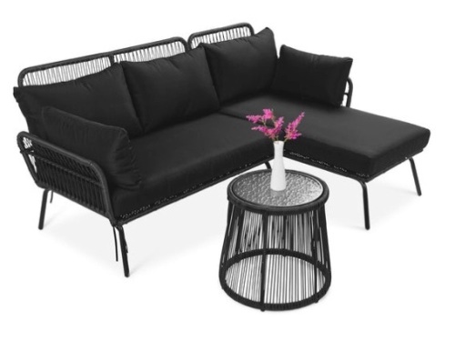 Rope Woven Sectional, L-Shape Sofa Set w/ Detachable Lounger, Table, Black - Lot 456