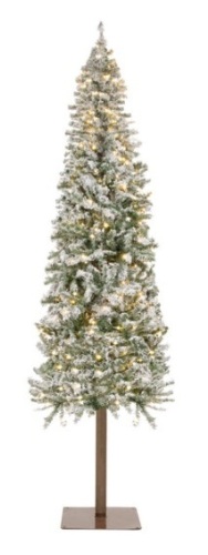 Pre-Lit Snow Flocked Alpine Slim Pencil Christmas Tree w/ LED Lights, Stand, 6 Ft. - Lot 464