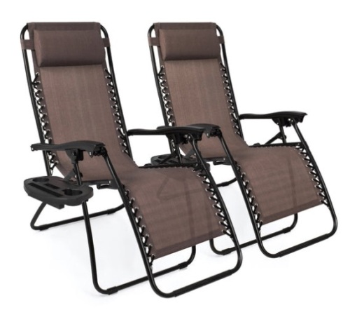 Set of 2 Adjustable Zero Gravity Patio Chair Recliners w/ Cup Holders, Brown - Lot 468